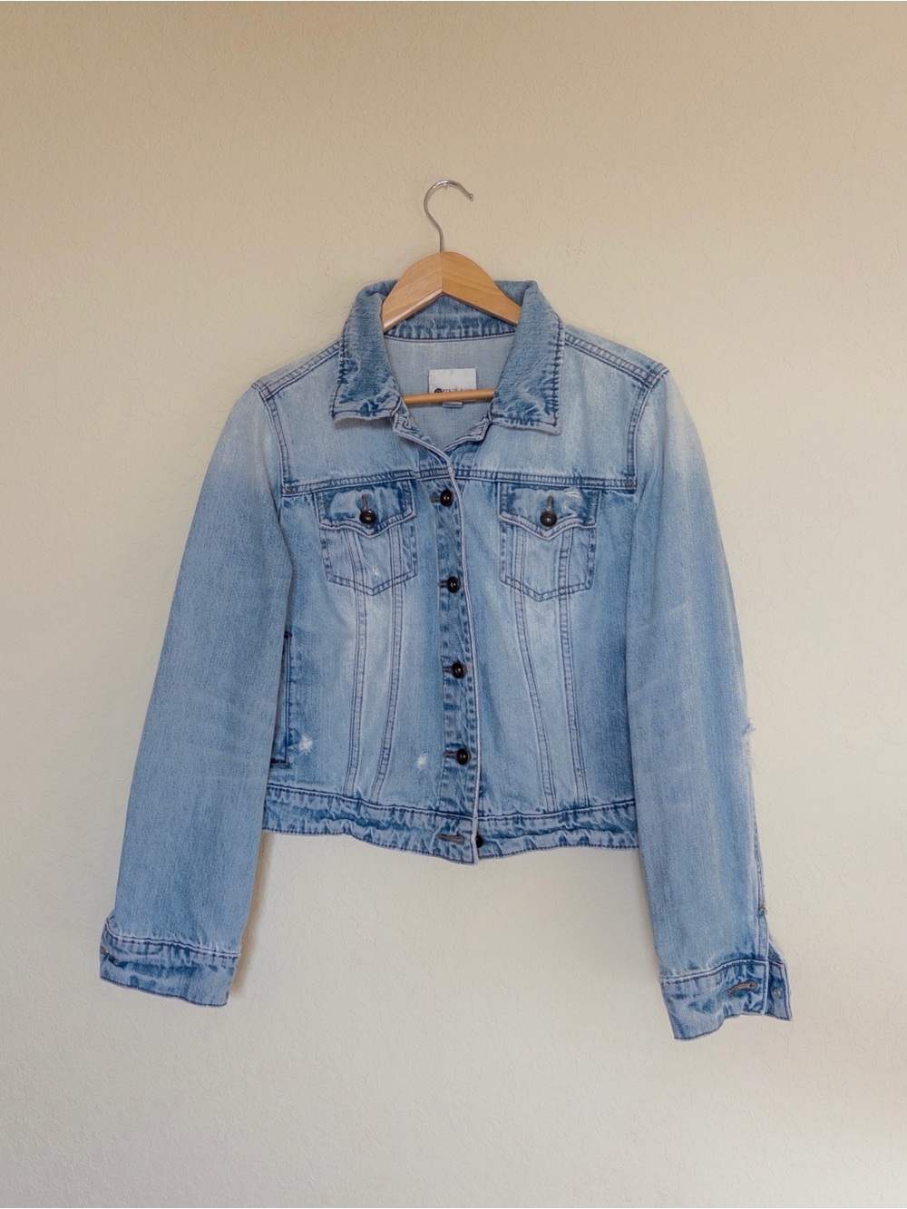 Garage Distressed Light Wash Denim Jacket | Women’s Fitted Jean Jacket